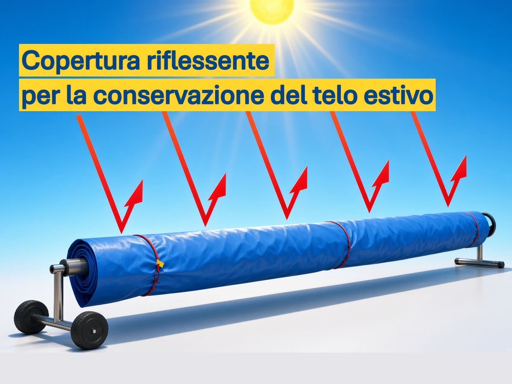 Illustrazione: copertura riflettente fissata con elastici sul telo estivo arrotolato, su rullo con ruote